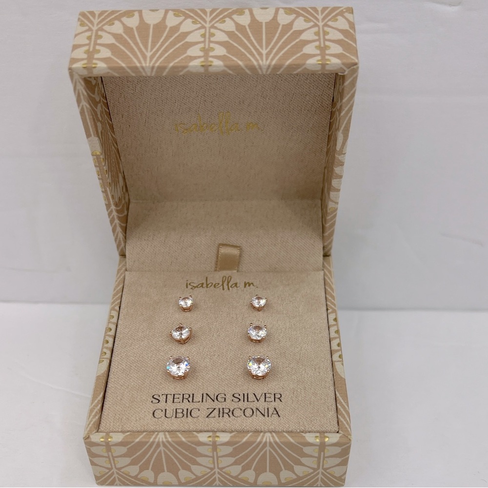 ISABELLA M, STERLING SILVER WITH CUBIC ZIRCONIA, ROSE GOLD STUD EARRINGS 3 PAIRS
